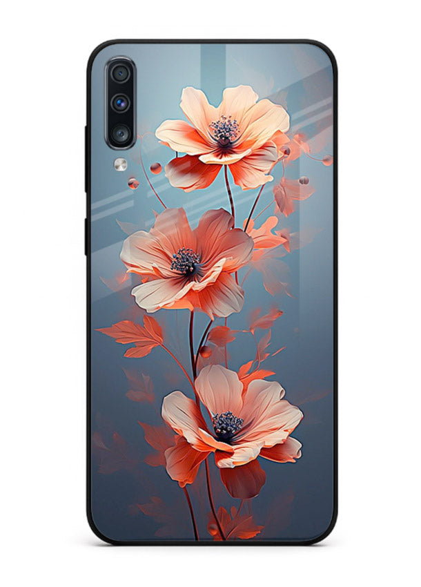 Coral stem artwork on Samsung A70 glass back cover with warm minimal botanical accents.