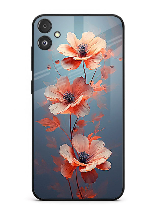 Coral stem artwork on Samsung F04 5G glass back cover with warm minimal botanical accents.