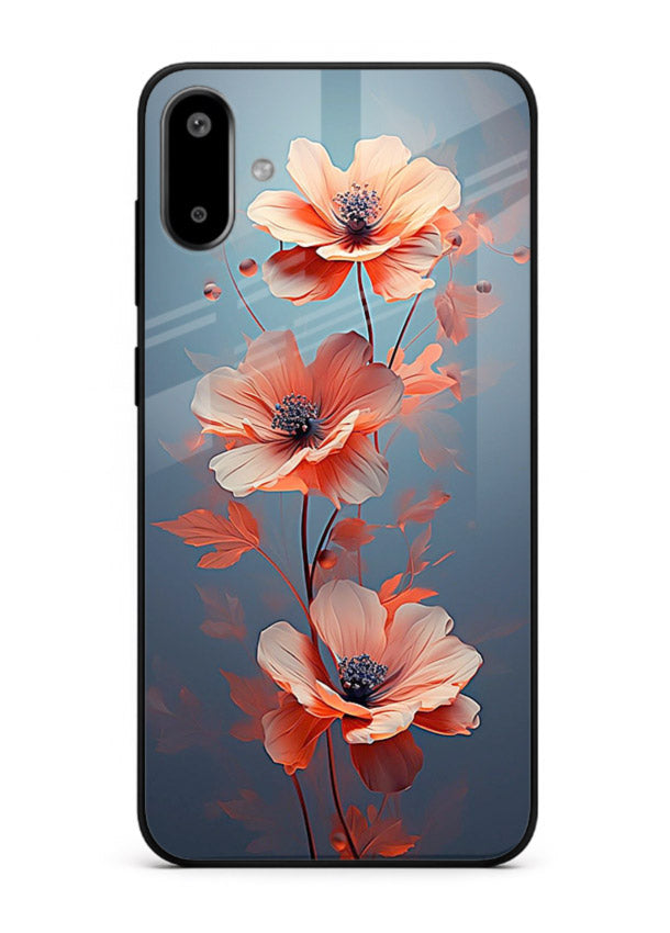 Coral stem artwork on Samsung F06 5G glass back cover with warm minimal botanical accents.