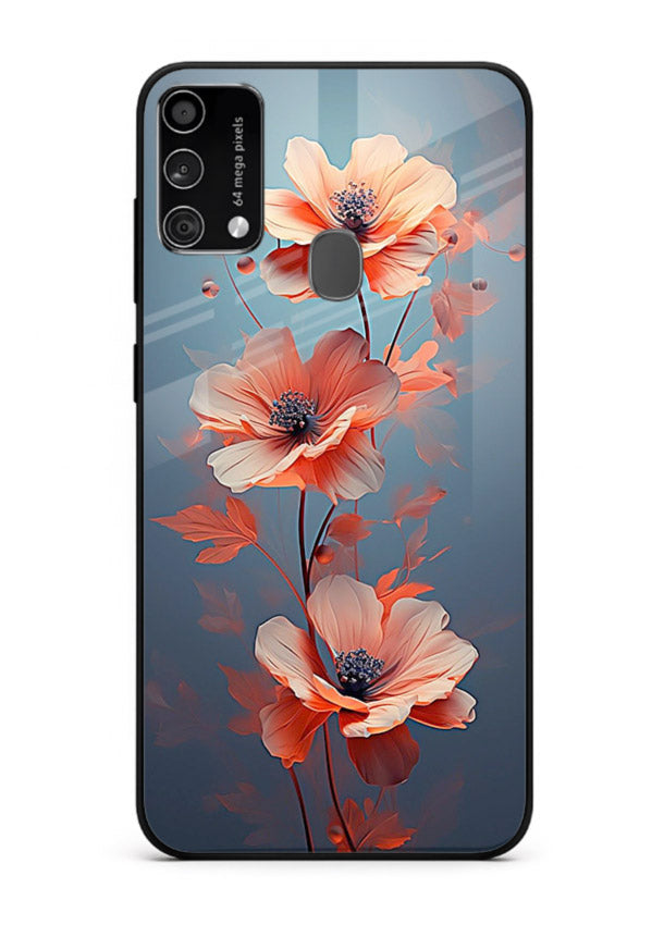 Coral stem artwork on Samsung F41 glass back cover with warm minimal botanical accents.