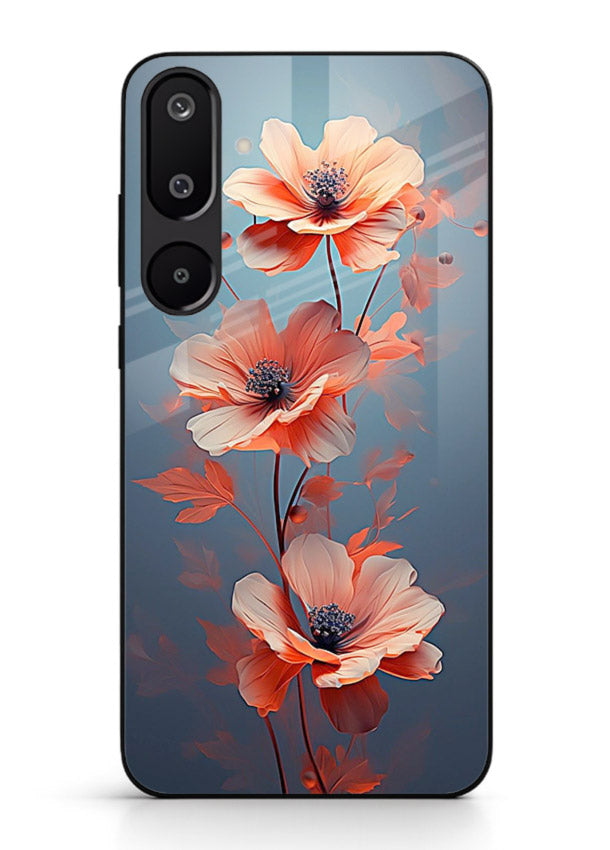 Coral stem artwork on Samsung F16 5G glass back cover with warm minimal botanical accents.
