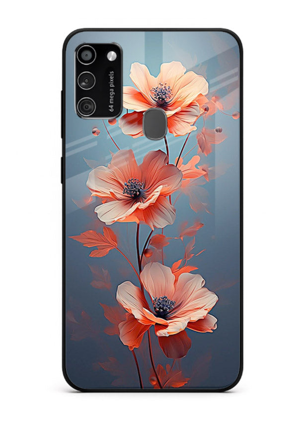 Coral stem artwork on Samsung M30s glass back cover with warm minimal botanical accents.