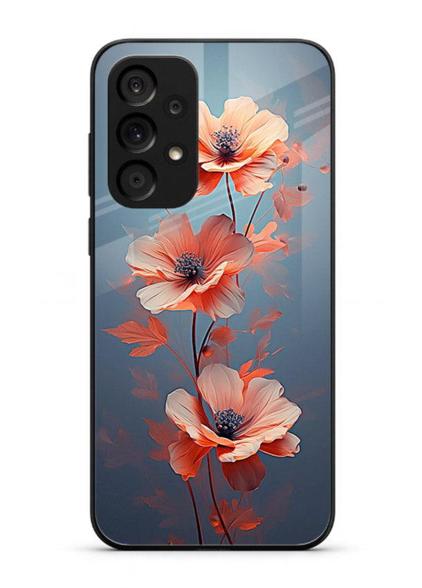 Coral stem artwork on Samsung A33 5G glass back cover with warm minimal botanical accents.