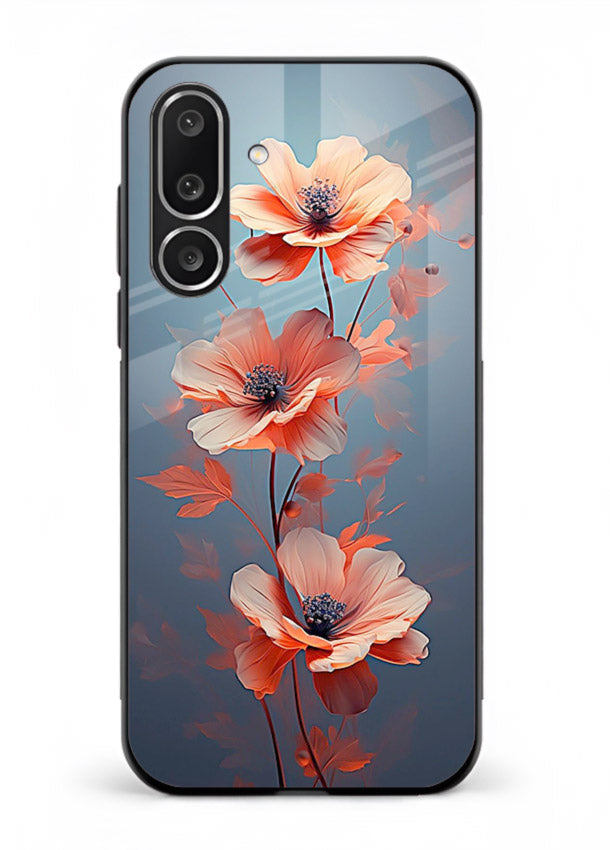 Coral stem artwork on Samsung F56 5G glass back cover with warm minimal botanical accents.
