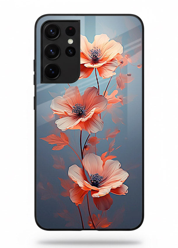 Coral stem artwork on Samsung S21 Ultra glass back cover with warm minimal botanical accents.
