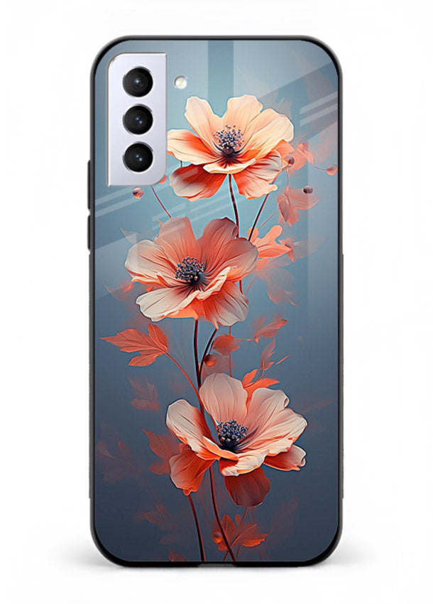 Coral stem artwork on Samsung S21 Plus glass back cover with warm minimal botanical accents.