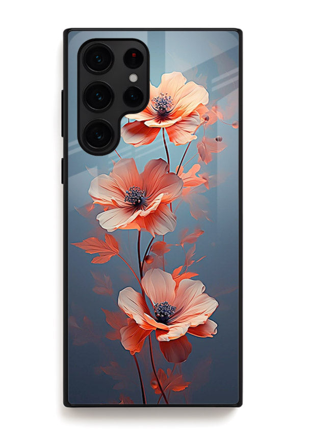 Coral stem artwork on Samsung S25 Ultra glass back cover with warm minimal botanical accents.