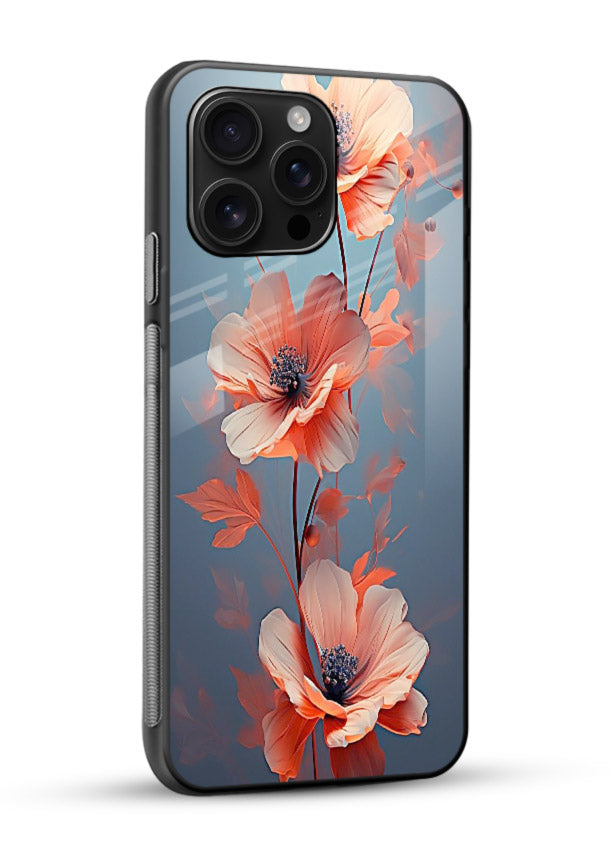 Coral stem artwork on glossy vibrant premium glass back cover with warm minimal botanical accents. - Angle Side