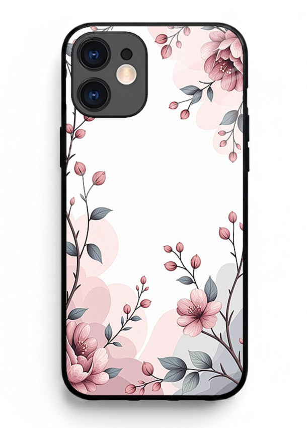 Corner floral bouquet artwork on iphone 11 glass back cover with decorative botanical details.
