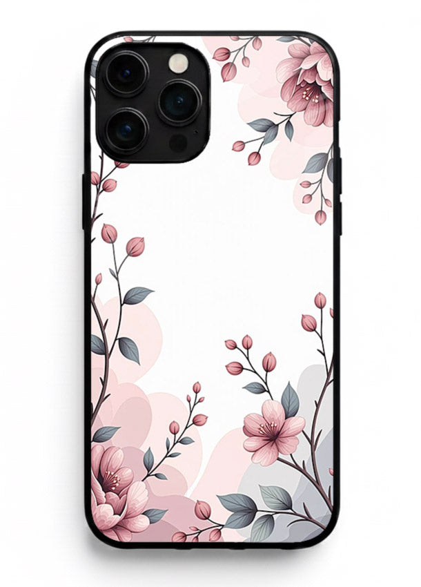 Corner floral bouquet artwork on iphone 16 pro max glass back cover with decorative botanical details.