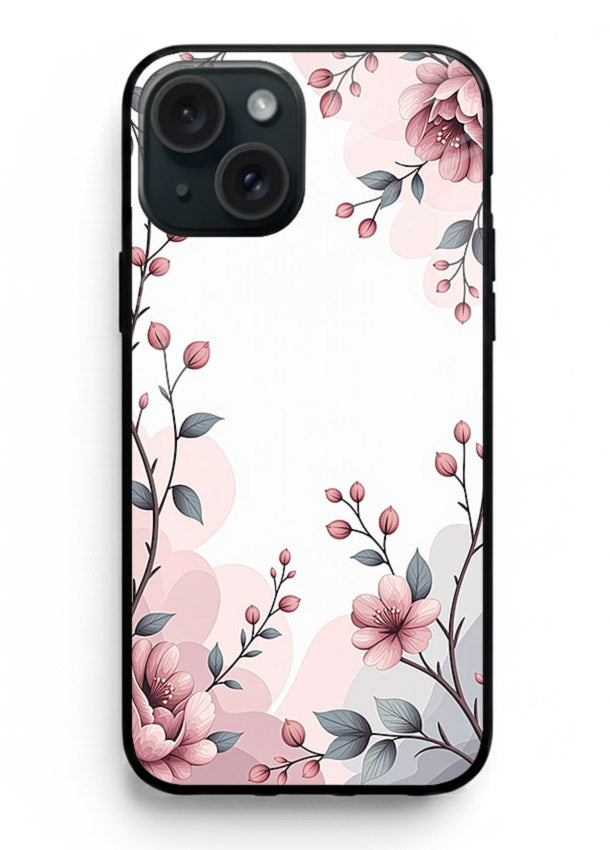 Corner floral bouquet artwork on iphone 15 plus glass back cover with decorative botanical details.
