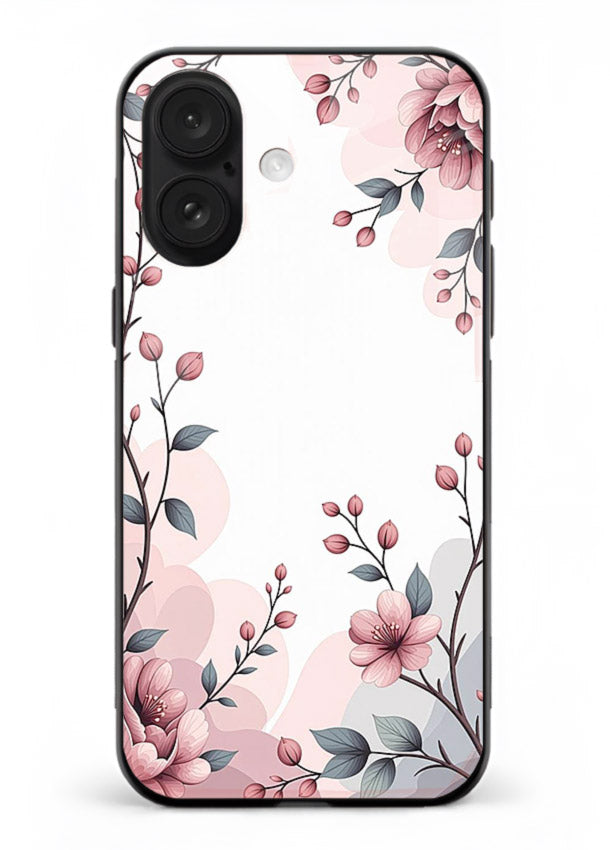 Corner floral bouquet artwork on iphone 17 glass back cover with decorative botanical details.