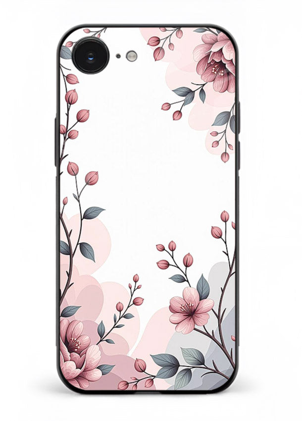 Corner floral bouquet artwork on iphone 16e glass back cover with decorative botanical details.