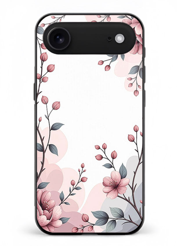 Corner floral bouquet artwork on iphone 18 air glass back cover with decorative botanical details.