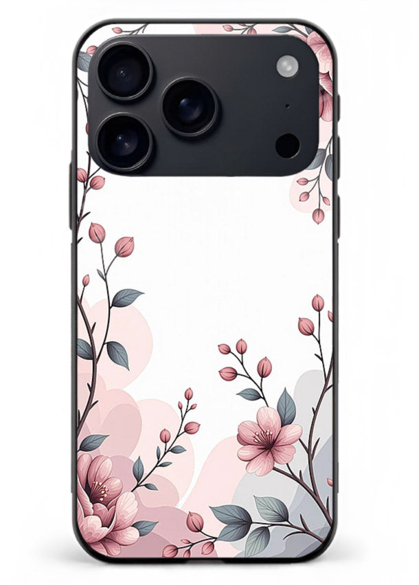 Corner floral bouquet artwork on iphone 18 pro max glass back cover with decorative botanical details.