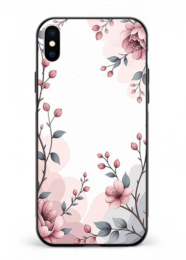 Corner floral bouquet artwork on iphone xs glass back cover with decorative botanical details.