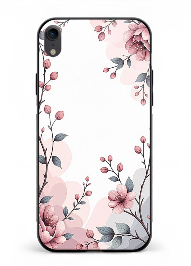 Corner floral bouquet artwork on iphone xr glass back cover with decorative botanical details.