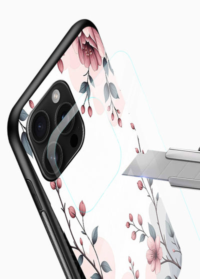 Corner floral bouquet artwork on glossy vibrant premium glass back cover with decorative botanical details. - Angle Blade