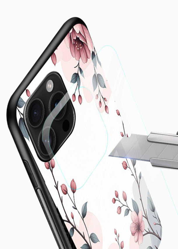 Corner floral bouquet artwork on glossy vibrant premium glass back cover with decorative botanical details. - Angle Blade