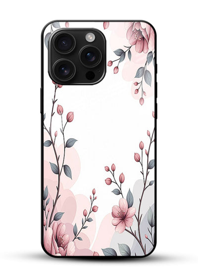 Corner floral bouquet artwork on glossy vibrant premium glass back cover with decorative botanical details. - Angle Front