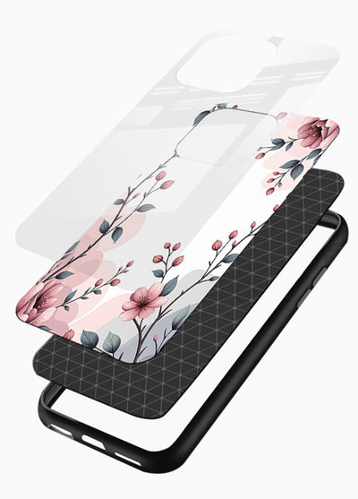 Corner floral bouquet artwork on glossy vibrant premium glass back cover with decorative botanical details. - Angle Layers