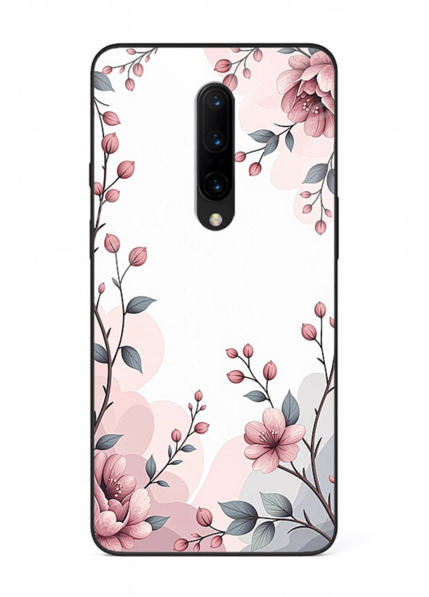 Corner floral bouquet artwork on OnePlus 7T Pro glass back cover with decorative botanical details.
