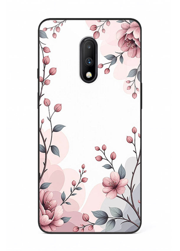 Corner floral bouquet artwork on OnePlus 7 glass back cover with decorative botanical details.