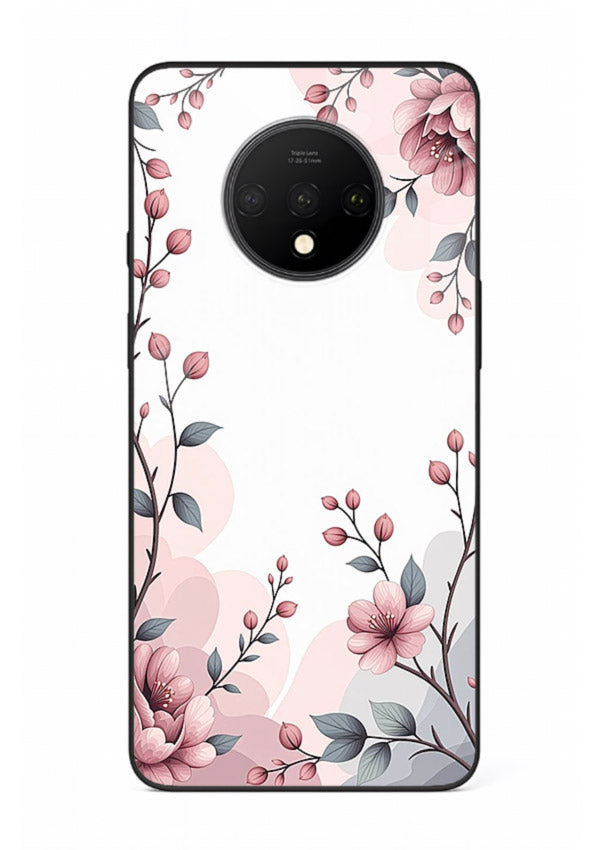 Corner floral bouquet artwork on OnePlus 7T glass back cover with decorative botanical details.