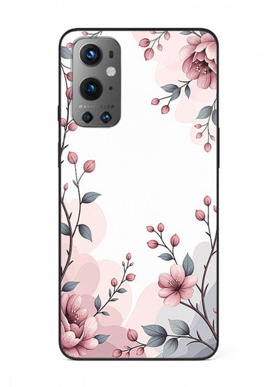 Corner floral bouquet artwork on OnePlus 9 glass back cover with decorative botanical details.