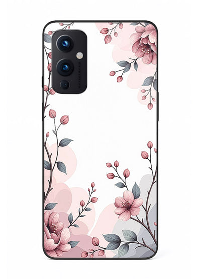 Corner floral bouquet artwork on OnePlus 9 Pro glass back cover with decorative botanical details.