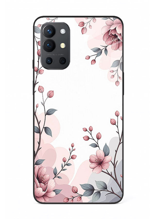 Corner floral bouquet artwork on OnePlus 9R glass back cover with decorative botanical details.