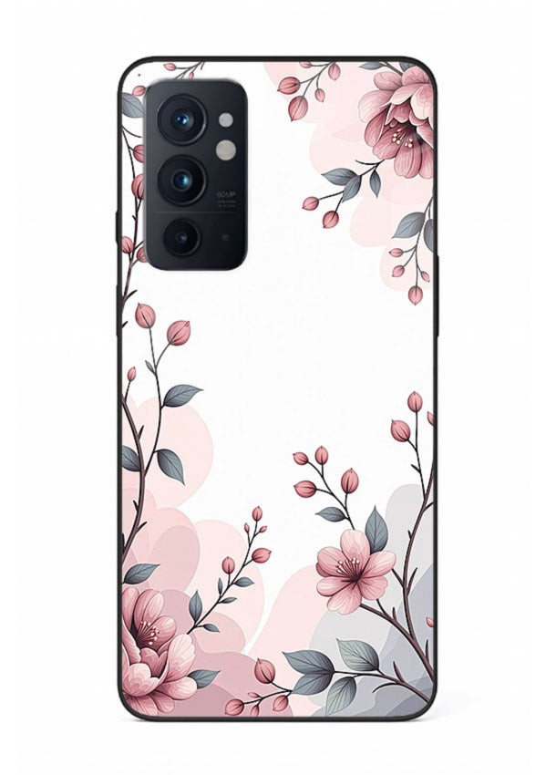Corner floral bouquet artwork on OnePlus 9RT glass back cover with decorative botanical details.