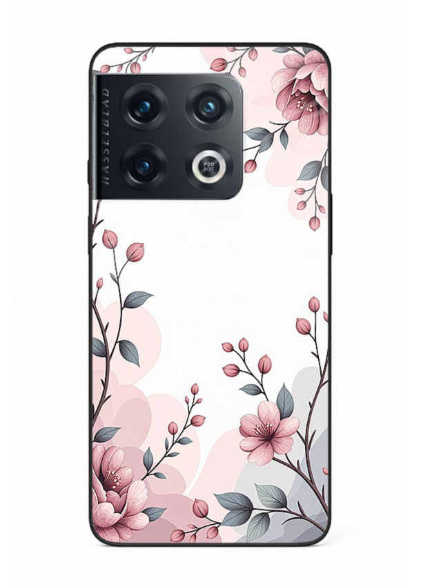 Corner floral bouquet artwork on OnePlus 10 Pro glass back cover with decorative botanical details.