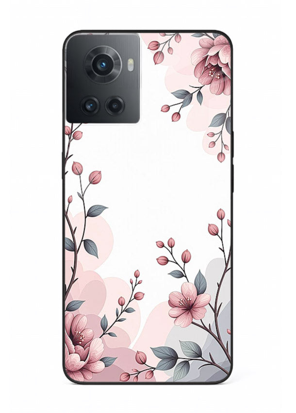 Corner floral bouquet artwork on OnePlus 10R glass back cover with decorative botanical details.