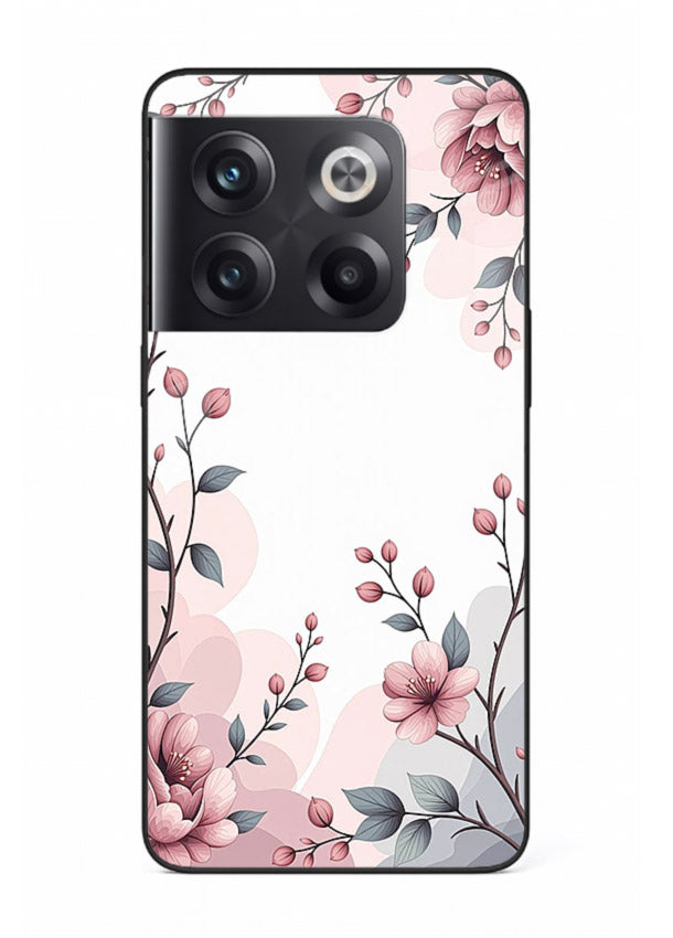 Corner floral bouquet artwork on OnePlus 10T glass back cover with decorative botanical details.