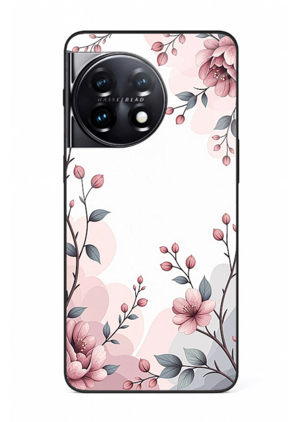 Corner floral bouquet artwork on OnePlus 11 glass back cover with decorative botanical details.