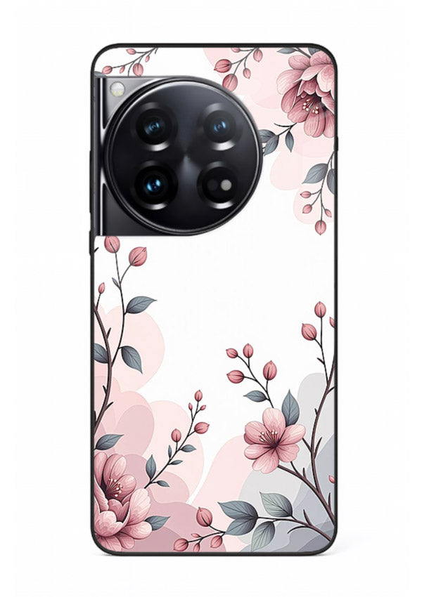 Corner floral bouquet artwork on OnePlus 12 glass back cover with decorative botanical details.