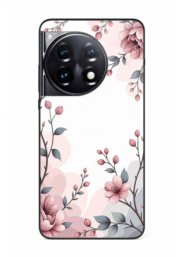 Corner floral bouquet artwork on OnePlus 12R glass back cover with decorative botanical details.