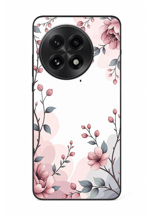 Corner floral bouquet artwork on OnePlus 13 glass back cover with decorative botanical details.