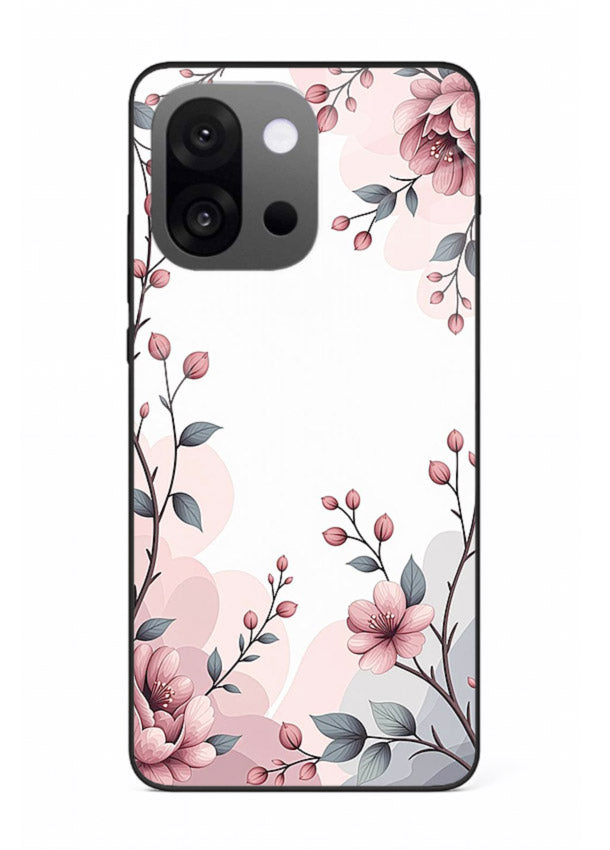 Corner floral bouquet artwork on OnePlus 13s glass back cover with decorative botanical details.