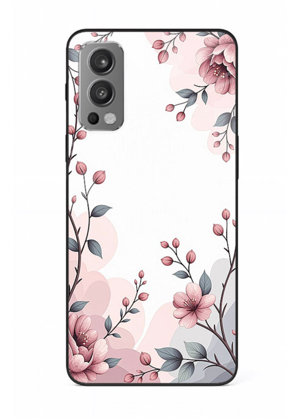 Corner floral bouquet artwork on OnePlus Nord 2 glass back cover with decorative botanical details.