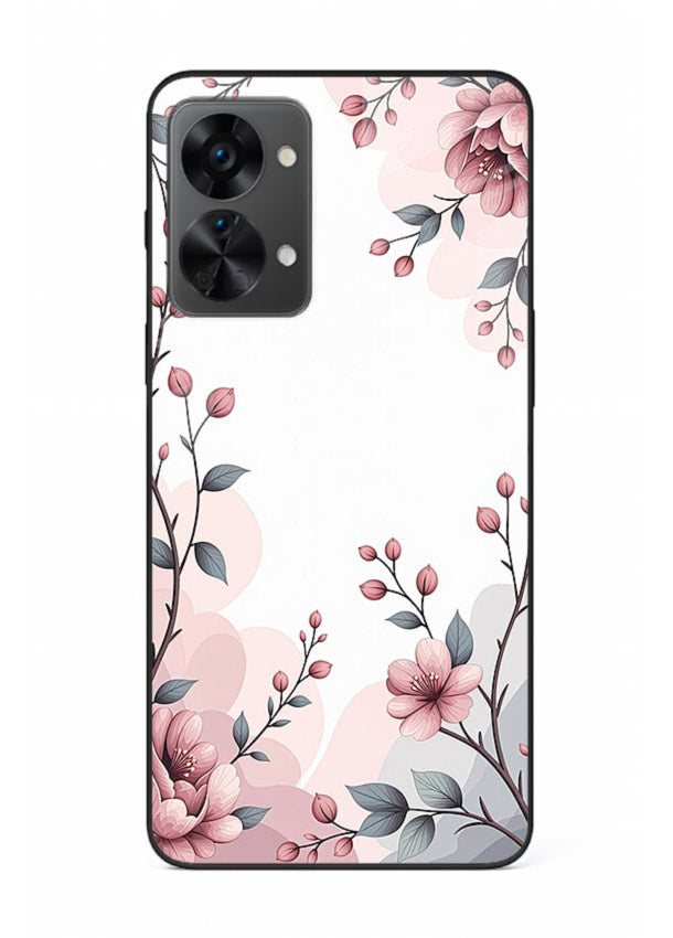 Corner floral bouquet artwork on OnePlus Nord 2T glass back cover with decorative botanical details.