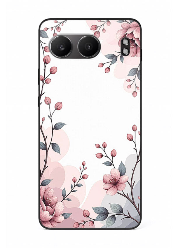 Corner floral bouquet artwork on OnePlus Nord 4 glass back cover with decorative botanical details.