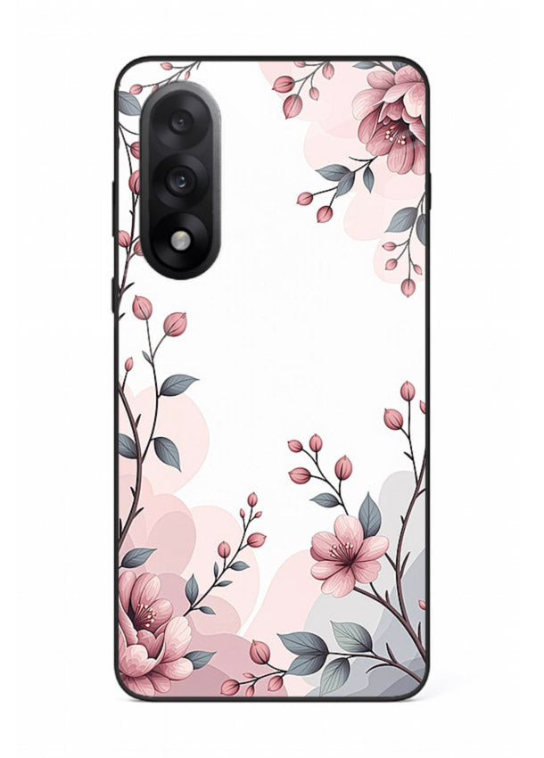 Corner floral bouquet artwork on OnePlus Nord 5 glass back cover with decorative botanical details.