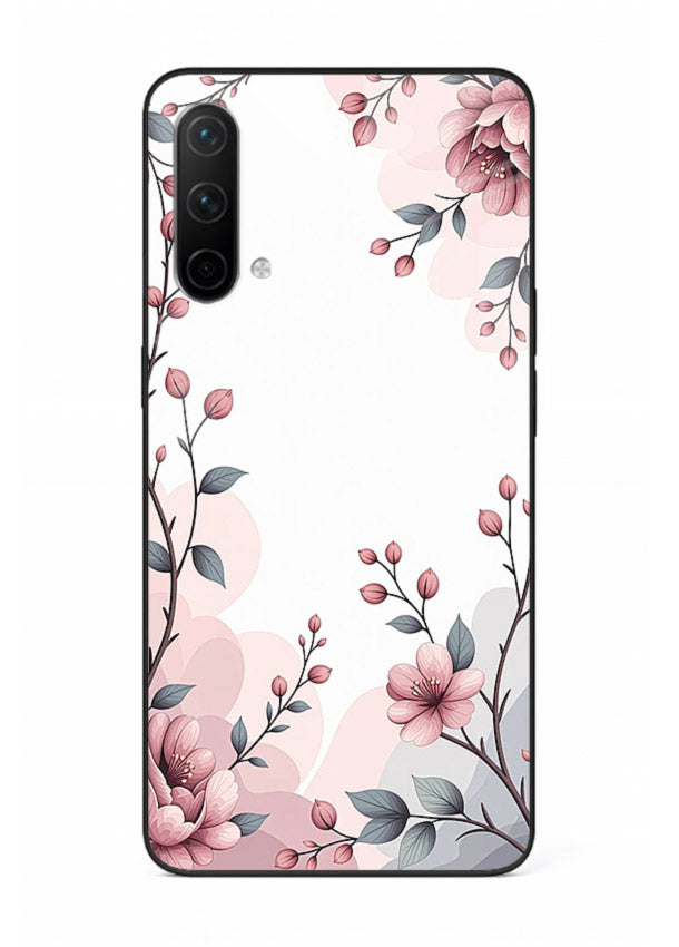 Corner floral bouquet artwork on OnePlus Nord CE 5G glass back cover with decorative botanical details.
