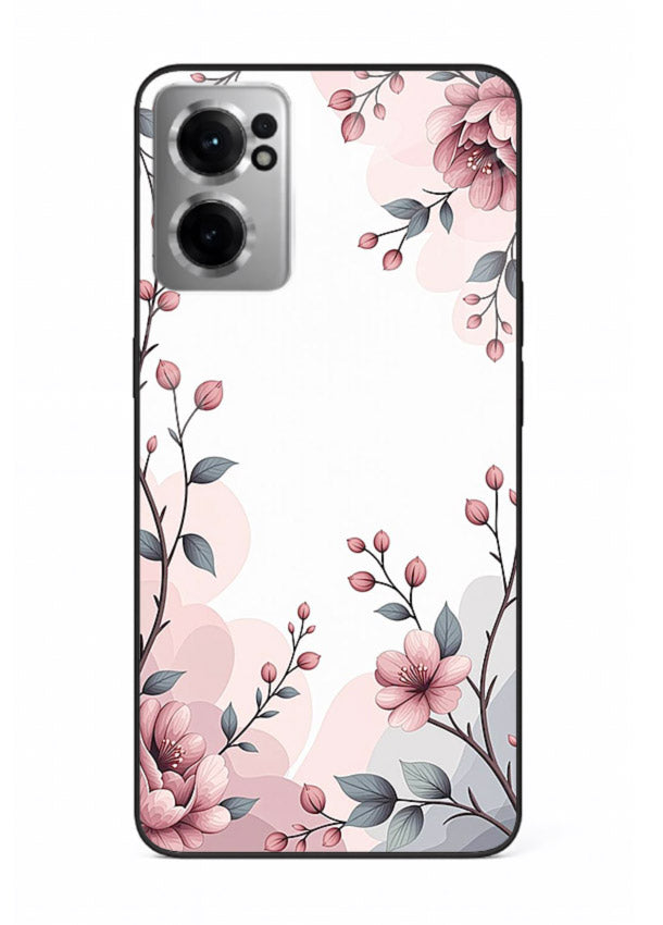 Corner floral bouquet artwork on OnePlus Nord CE2 5G glass back cover with decorative botanical details.