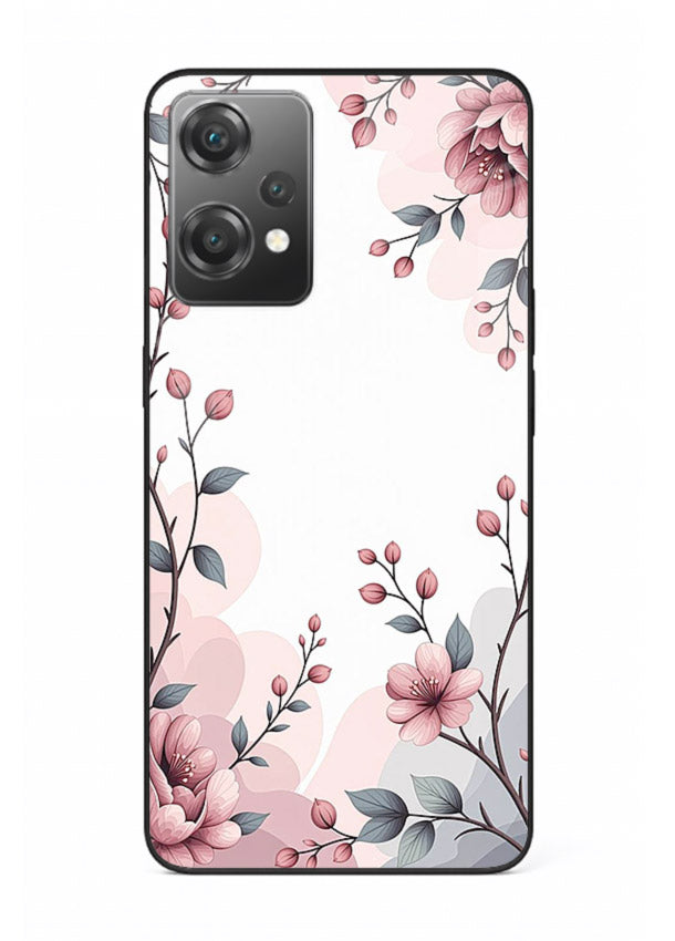 Corner floral bouquet artwork on OnePlus Nord CE2 Lite 5G glass back cover with decorative botanical details.
