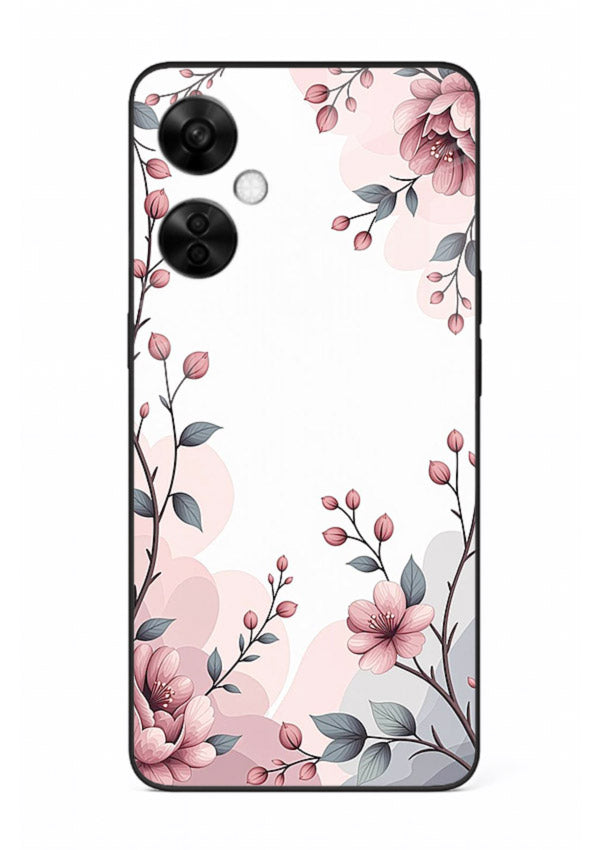 Corner floral bouquet artwork on OnePlus Nord CE3 Lite glass back cover with decorative botanical details.