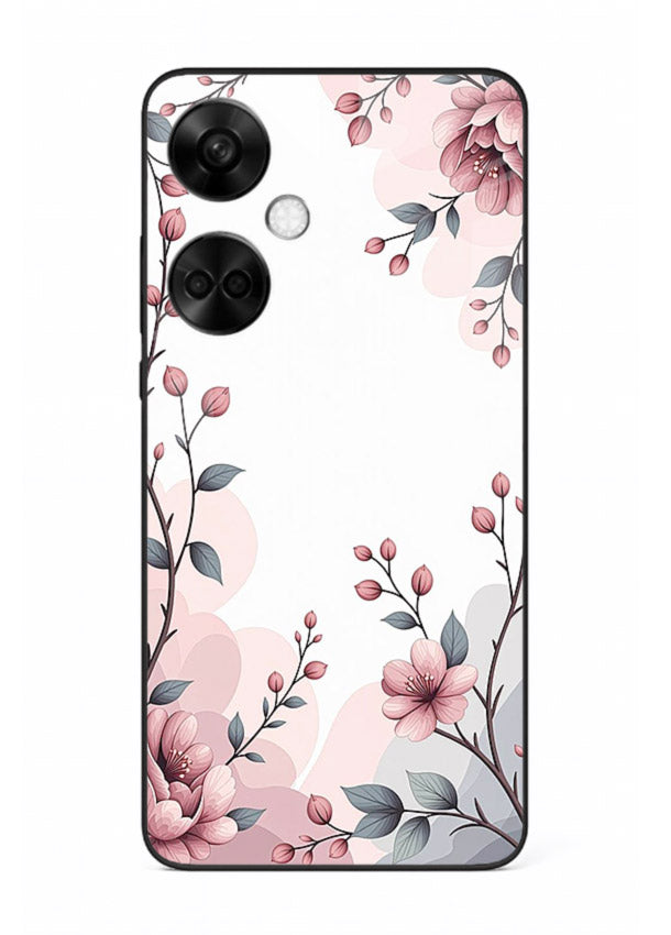 Corner floral bouquet artwork on OnePlus Nord CE3 glass back cover with decorative botanical details.