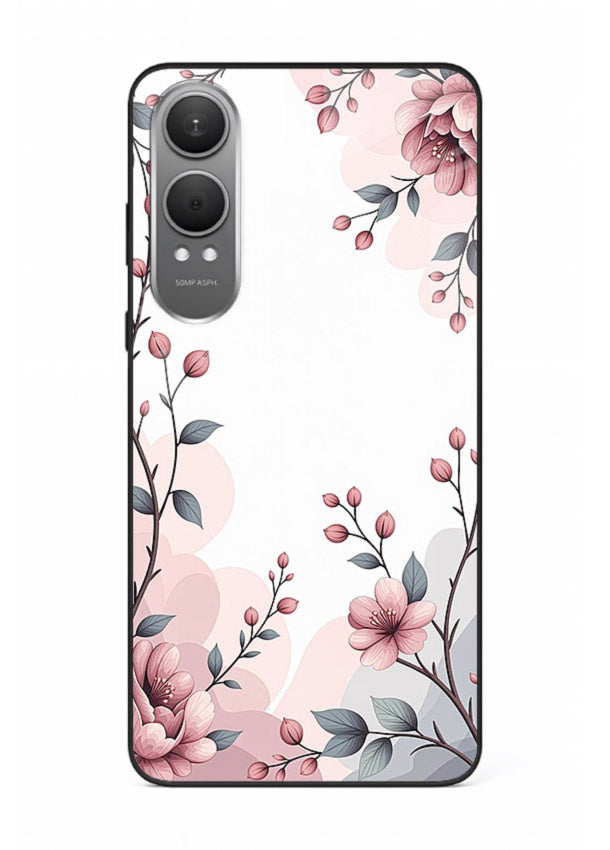 Corner floral bouquet artwork on OnePlus Nord CE4 Lite glass back cover with decorative botanical details.